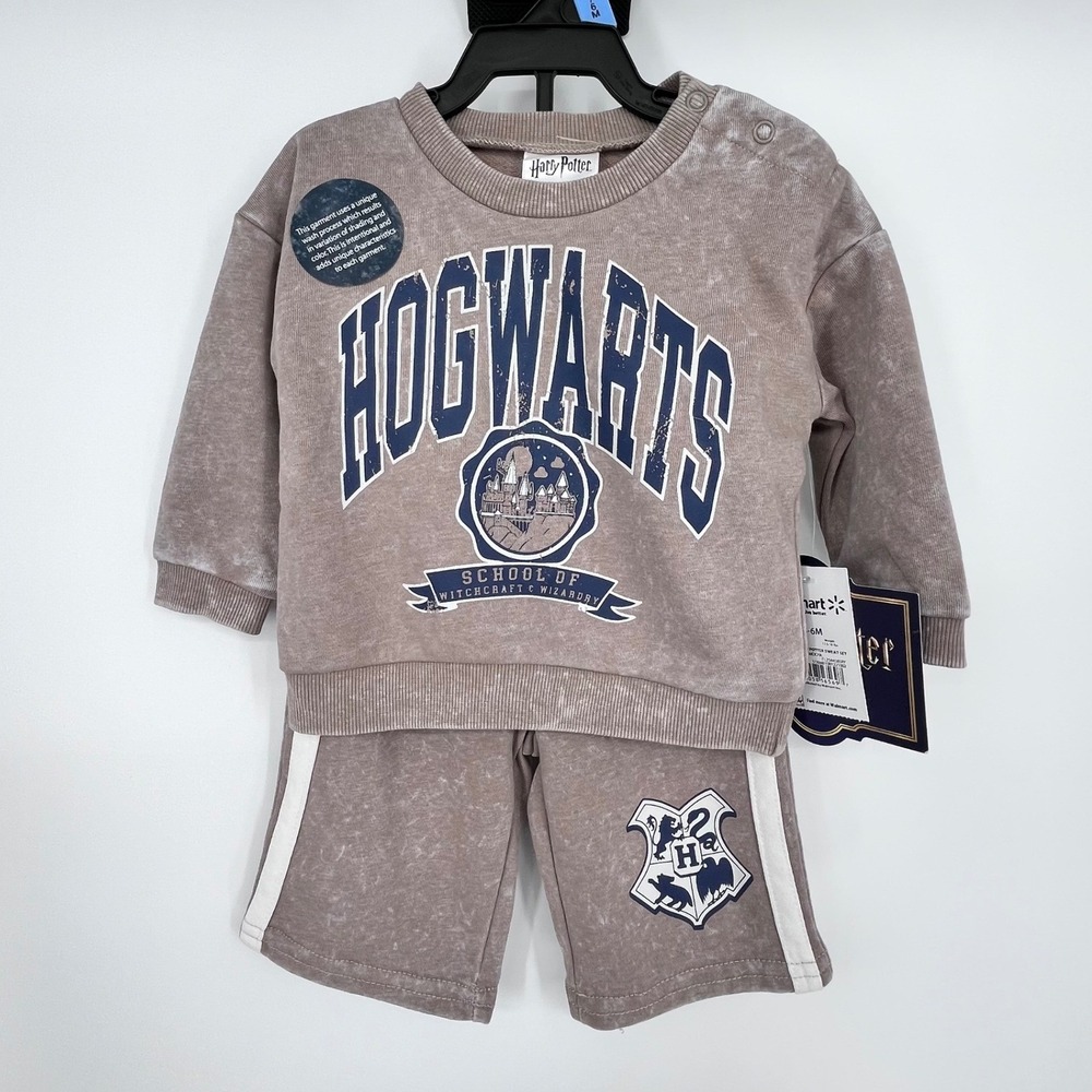 Harry Potter Sweatshirt Shorts Set Kids 3-6M Brown Mineral Wash Hogwarts Graphic